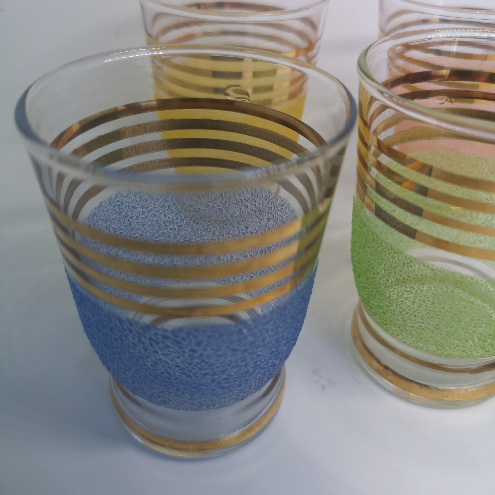 Vintage 4 Sugared Frosted Shot Glasses 7 cm Tall, Gold Stripe Multi Coloured Set